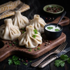 Хинкали с говядиной, свининой и зеленью